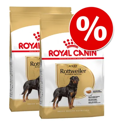 Royal Canin Adult Rottweiler torrfoder för hundar från 18 månader, erbjudande med röd procentsymbol.