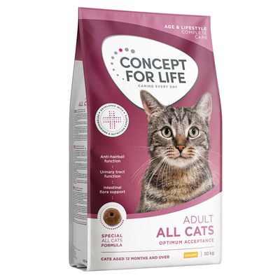 Concept for Life Adult All Cats. Maßgeschneidert für Alter & Lebensweise, hervorragende Akzeptanz und Verträglichkeit, Anti-Hairball-Funktion. Entwickelt mit Tierärzten und Ernährungsexperten.