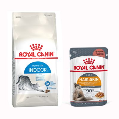 Royal Canin Regular Sensible 33 -kuivaruokapussi ja useita Royal Canin Care Digest Sensitive 85 g -annospusseja, punainen prosenttimerkki tarjouksen merkkinä