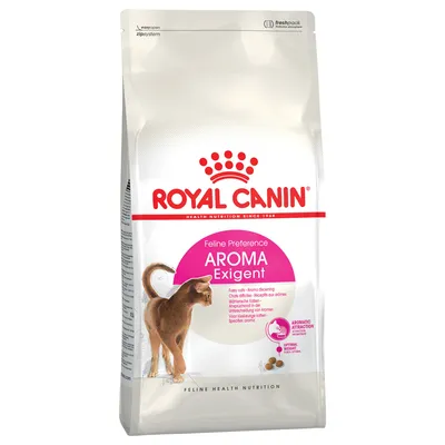 Royal Canin Feline Preference Aroma Exigent, hrana za mačke za izbirčne mačke z aromatično privlačnostjo in optimalnim vzdrževanjem teže. Embalaža prikazuje mačko in podrobnosti izdelka.