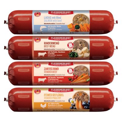 Fleischeslust Feines Geflügel, Alleinfuttermittel mit Süsskartoffel, Heidelbeere und Kamille. Zutaten: 75% Fleisch, 10% Gemüse, 0% Getreide.