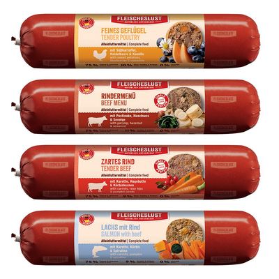 Fleischeslust Frischer Lachs mit Karotte, Kokosflocken und Spirulina. Alleinfuttermittel, 100% aus frischem Fleisch.