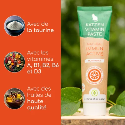 Pâte vitaminée pour chats Natural Immun Active Multivitamin avec taurine, vitamines A, B1, B2, B6, D3 et huiles de haute qualité. Marque : Wolfsbacher Natur.