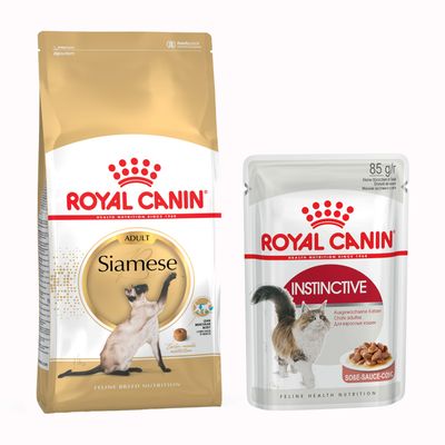 Royal Canin Maine Coon Adult karma dla kotów, opakowanie suchej karmy i saszetka 85 g. Widoczny znak procentowy na czerwonym tle, sugerujący promocję.