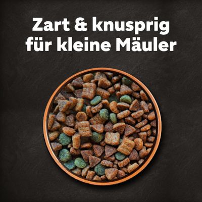 Zart & knusprig für kleine Mäuler. Schale mit kleinen, braunen und grünen Trockenfutterstücken.