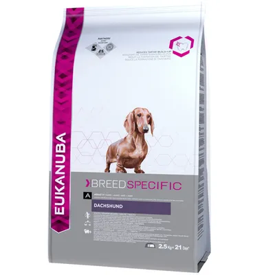 Eukanuba Breed Specific suha hrana za pse, slika jazavčara na pakiranju, oznaka Dachshund, težina 2,5 kg, tekst: smanjuje stvaranje zubnog kamenca.