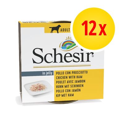 Schesir in jelly, zestaw 12 x. Widoczny napis: chicken with ham, pollo con prosciutto, poulet avec jambon, huhn mit schinken, pollo con jamón, kip met ham. Dla dorosłych psów.