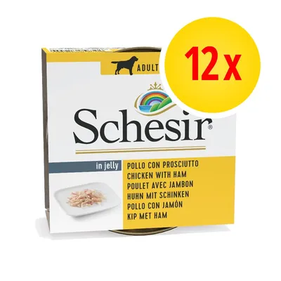 Schesir in jelly, zestaw 12 x. Widoczny napis: chicken with ham, pollo con prosciutto, poulet avec jambon, huhn mit schinken, pollo con jamón, kip met ham. Dla dorosłych psów.