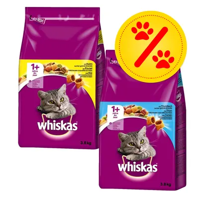 Whiskas Trockenfutter für Katzen ab 1 Jahr, 3,8 kg, Sorten Huhn und Thunfisch. Gelbes Prozentzeichen mit roten Pfoten als Angebotskennzeichnung sichtbar. Whiskas Trockenfutter für Katzen ab 1 Jahr, 3,8 kg, Sorten Huhn und Thunfisch. Gelbes Prozentzeichen mit roten Pfoten als Angebotskennzeichnung sichtbar.