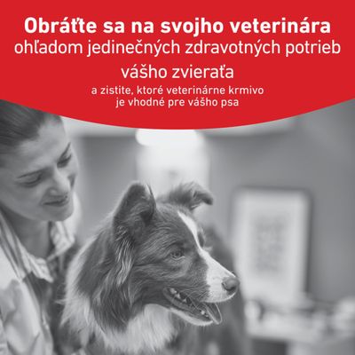 Textový obrázok: Obráťte sa na svojho veterinárneho lekára ohľadom individuálnych zdravotných potrieb vášho zvieraťa a zistite, ktoré veterinárne krmivo je vhodné pre vášho psa.