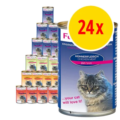 Feline Porta 21 kattmat, 24 burkar. Synliga smaker: Hühnerfleisch (kycklingkött), olika färger på burkarna. Stor gul cirkel med texten '24x'. Text: your cat will love it!