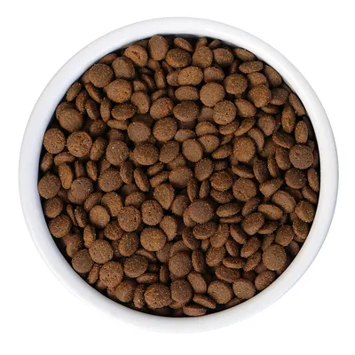 Skål med bruna torrfoderkroketter, lämpliga för husdjur. Produktbild visar krokettens form och färg.