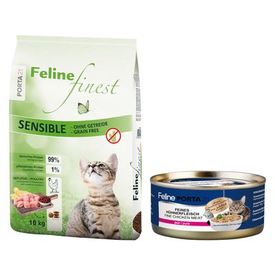 Feline Porta 21 finest Adult SENSIBLE kattefoder, stor pose og seks dåser Feline Porta 21 Hühnerfleisch Fine Chicken Meat. Rød procent-tegn viser tilbud eller rabat.