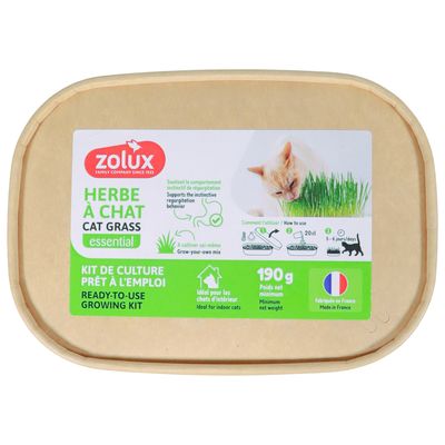 Zolux Herbe à Chat Cat Grass essential, käyttövalmis viljelypakkaus, 190 g, ihanteellinen sisäkissoille, ohjeet symboleilla, valmistettu Ranskassa.