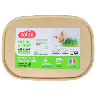 Zolux Herbe à Chat Cat Grass essential, käyttövalmis viljelypakkaus, 190 g, ihanteellinen sisäkissoille, ohjeet symboleilla, valmistettu Ranskassa. Zolux Herbe à Chat Cat Grass essential, käyttövalmis viljelypakkaus, 190 g, ihanteellinen sisäkissoille, ohjeet symboleilla, valmistettu Ranskassa.