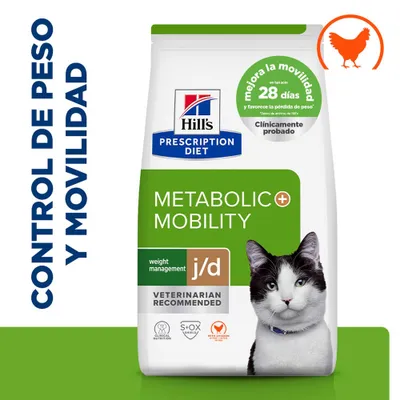 Hill's Prescription Diet Metabolic + Mobility j/d, control de peso y movilidad, clínicamente probado, mejora la movilidad en 28 días, con pollo, recomendado para gatos.