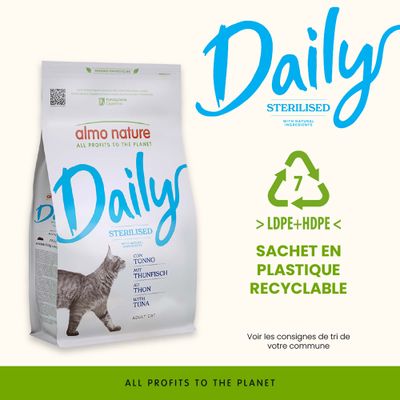 almo nature Daily Sterilised au thon, emballage plastique recyclable LDPE+HDPE, chat adulte, tous les bénéfices pour la planète.