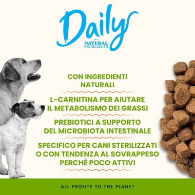Daily con componenti naturali, L-carnitina per supportare il metabolismo dei grassi, prebiotici per la flora intestinale, specifico per cani sterilizzati o poco attivi. Tutti i profitti per il pianeta.