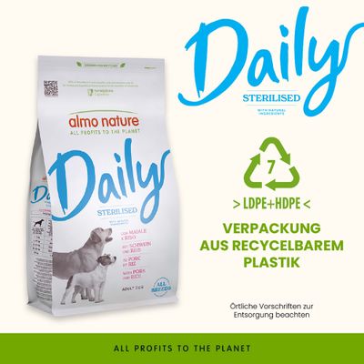 almo nature Daily Sterilised mit Schwein und Reis, Verpackung aus recycelbarem LDPE+HDPE Plastik. Örtliche Vorschriften zur Entsorgung beachten.