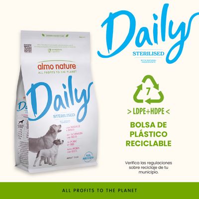 almo nature Daily Sterilised con cerdo y arroz, envase de plástico reciclable LDPE+HDPE, para perros adultos de todas las razas. Todos los beneficios para el planeta.
