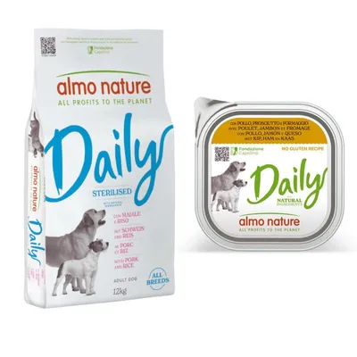 Almo Nature Daily Trockenfutter + 9 x 300 g Ausgewähltes Nassfutter zum Sonderpreis! - 12 kg Sterilised all Breeds Schwein & Reis + 9 x 300 g Huhn, Schinken und Käse Almo Nature Daily Trockenfutter + 9 x 300 g Ausgewähltes Nassfutter zum Sonderpreis! - 12 kg Sterilised all Breeds Schwein & Reis + 9 x 300 g Huhn, Schinken und Käse