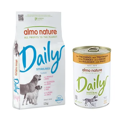Almo Nature Daily Trockenfutter + 6 x 400 g Ausgewähltes Nassfutter zum Sonderpreis! - 12 kg Sterilised all Breeds Schwein & Reis + 6 x 400 g Truthahn Almo Nature Daily Trockenfutter + 6 x 400 g Ausgewähltes Nassfutter zum Sonderpreis! - 12 kg Sterilised all Breeds Schwein & Reis + 6 x 400 g Truthahn