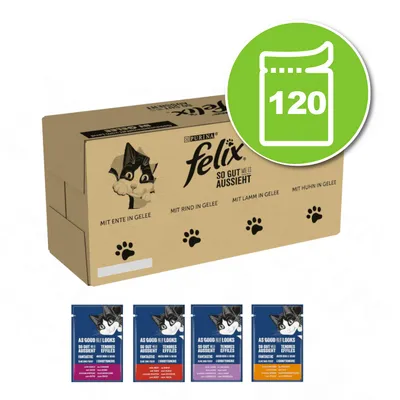 Carton Purina Felix So gut wie es aussieht, 120 sachets. Variétés visibles : mit Ente in Gelee, mit Rind in Gelee, mit Lamm in Gelee, mit Huhn in Gelee. Sachets illustrés en bas.