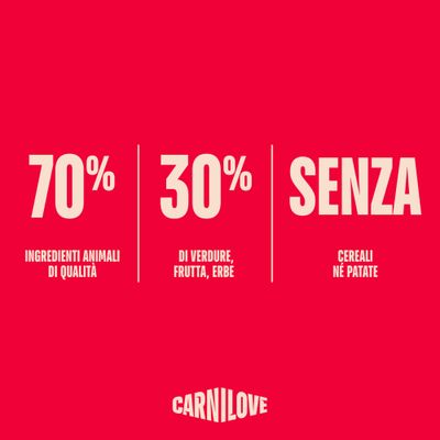 Carnilove: 70% ingredienti animali di alta qualità, 30% verdure, frutta, erbe, senza cereali e patate.