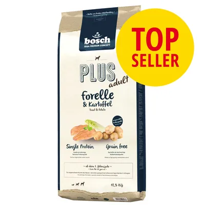 bosch HIGH PREMIUM CONCEPT PLUS adult forelle & kartoffel, Single Protein, Grain free, 12,5 kg. Stor gul cirkel med rød tekst: TOP SELLER.