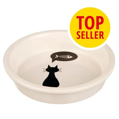 Keramiknapf mit schwarzem Katzenmotiv und Fischsymbol. Gelber Kreis mit rotem Text 'Top Seller'. Keramiknapf mit schwarzem Katzenmotiv und Fischsymbol. Gelber Kreis mit rotem Text 'Top Seller'.