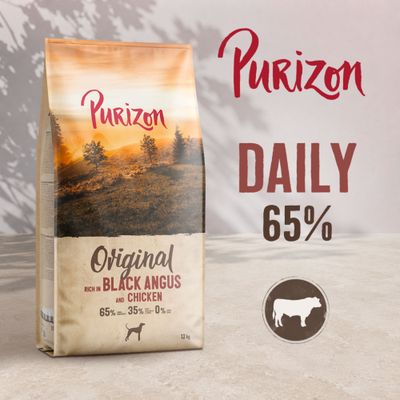 Purizon Daily Original rich in Black Angus and Chicken, 65% Fleischanteil, 12 kg. Aufschrift: 65% DAILY, 35%, 0%. Silhouette eines Rinds und Hundes sichtbar.