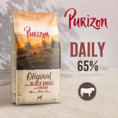 Purizon Daily Original rig på Black Angus og kylling, 65% kødandel, 12 kg. Påskrift: 65% DAILY, 35%, 0%. Silhuet af en ko og en hund synlig. Purizon Daily Original rig på Black Angus og kylling, 65% kødandel, 12 kg. Påskrift: 65% DAILY, 35%, 0%. Silhuet af en ko og en hund synlig.