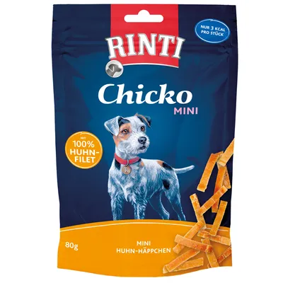 RINTI Chicko Mini, 80 g. Mit 100% Huhn-Filet. Nur 3 kcal pro Stück. MINI HUHN-HÄPPCHEN. Billede af hund og kyllingestrimler på posen.
