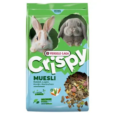 Versele-Laga Crispy Muesli kaneille, extra kuitua, ilman keinotekoisia väriaineita ja aromeja, sisältää porkkanaa. Pakkauksessa näkyy kaksi kania. Versele-Laga Crispy Muesli kaneille, extra kuitua, ilman keinotekoisia väriaineita ja aromeja, sisältää porkkanaa. Pakkauksessa näkyy kaksi kania.
