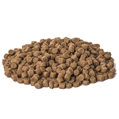 Brown, round dry food pieces in a loose quantity on a white background.