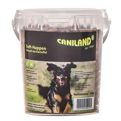 Recipient Caniland Soft-Happen Strauß mit Kartoffel pentru câini, 540g. Text vizibil: compoziție, analiză nutrițională, cod de bare, imagine cu câine. Etichetă în limba germană. Recipient Caniland Soft-Happen Strauß mit Kartoffel pentru câini, 540g. Text vizibil: compoziție, analiză nutrițională, cod de bare, imagine cu câine. Etichetă în limba germană.
