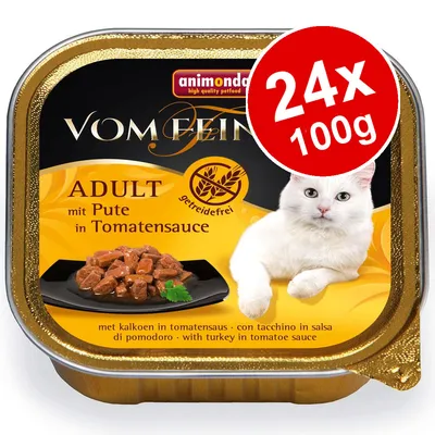 animonda Vom Feinsten Adult mit Pute in Tomatensauce, 24x100g, grain free, with turkey in tomato sauce, visible cat image on packaging