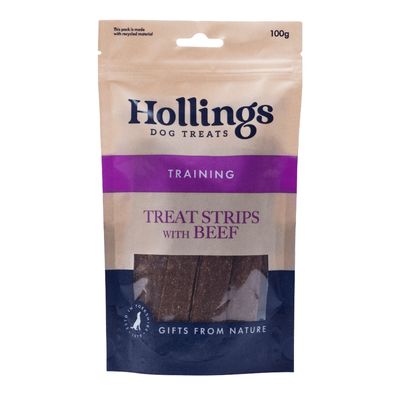 Hollings Dog Treats Training Treat Strips with Beef, 100g. Gifts from Nature. Packaging made from recycled material.