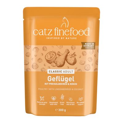 Catz Finefood Classic Nr. 3, Geflügel, 300g Bigpack, Made in Germany, ohne Getreide, ohne Zuckerzusatz, keine Tierversuche, 95% Fleischanteil, natürlich gut.