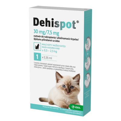 Dehispot 30 mg/7,5 mg roztwór do nakrapiania dla małych kotów 0,5–2,5 kg, 1 x 0,35 ml. Wyłącznie dla zwierząt. Producent: KRKA.