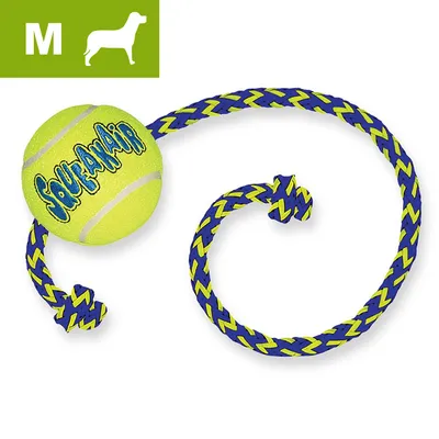 Medium size yellow and blue rope toy with a tennis ball labelled 'Squeakair', suitable for medium pets as indicated by the M icon with pet silhouette. Medium size yellow and blue rope toy with a tennis ball labelled 'Squeakair', suitable for medium pets as indicated by the M icon with pet silhouette.