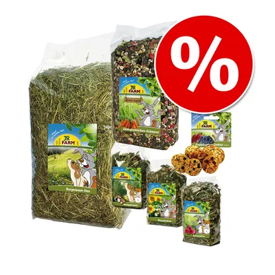 JR Farm Produkte: Bergwiesen-Heu, Zwergkaninchen-Schmaus, Wildkräuter, Wiesenkräuter und Frucht-Cookies. Rotes Rabatt-Symbol mit Prozentzeichen.