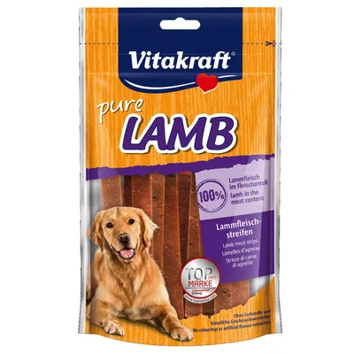 Vitakraft pure LAMB, 100% αρνίσιο κρέας στην περιεκτικότητα κρέατος, λωρίδες αρνίσιου κρέατος. Χωρίς χρωστικές και τεχνητούς ενισχυτές γεύσης. Top Marke 2015 Lebensmittel Zeitung.