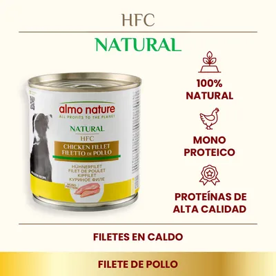 Lata de almo nature HFC Natural Chicken Fillet. Texto visible: 100% natural, monoproteico, proteínas de alta calidad, filetes en caldo, filete de pollo.