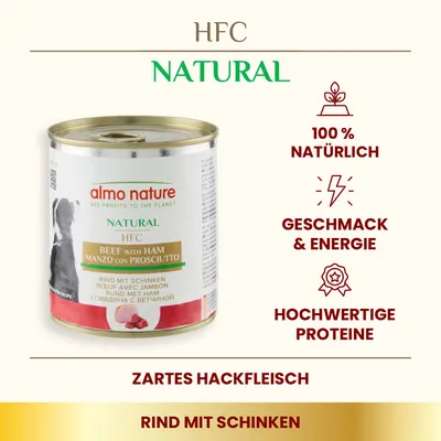 almo nature HFC Natural bœuf avec jambon, texte en allemand : 100 % natürlich, Geschmack & Energie, hochwertige Proteine, zartes Hackfleisch, Rind mit Schinken