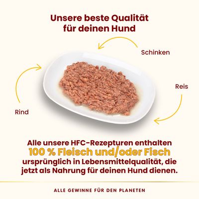Unsere beste Qualität für deinen Hund. HFC-Rezepturen mit 100% Fleisch und/oder Fisch in Lebensmittelqualität: Rind, Schinken, Reis. Jetzt als Nahrung für Hunde verfügbar.