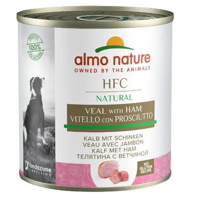 Almo Nature HFC Natural teletina s šunko. Večjezična oznaka: Veal with Ham, Vitello con Prosciutto. Recept brez glutena. 100 % dobička za naravo.