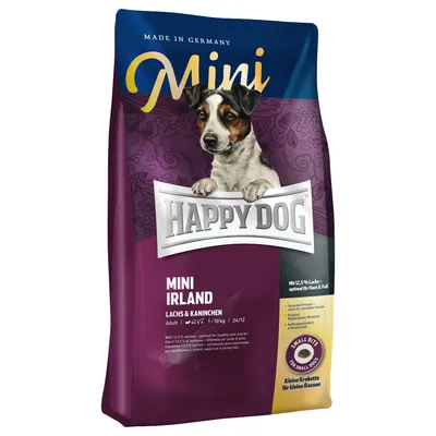 Confezione di crocchette Happy Dog Mini Irland, visibile testo: 'Lachs & Kaninchen', per cani adulti 1–10 kg, con immagine di cane e scritta 'Small Bits'.