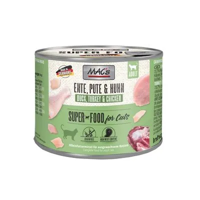 MAC's Ente, Pute & Huhn natvoer voor katten, blik met tekst 'Duck, Turkey & Chicken', 'Super Food for Cats', geschikt voor volwassen katten, Made in Germany.