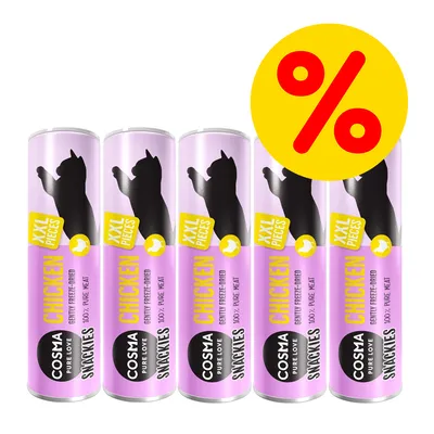 Zestaw 5 opakowań Cosma Snackies XXL Pieces Chicken, liofilizowane przysmaki z kurczaka. Na żółtym tle widoczny symbol procentu oznaczający promocję.